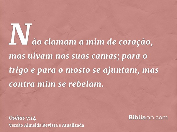 Não clamam a mim de coração, mas uivam nas suas camas; para o trigo e para o mosto se ajuntam, mas contra mim se rebelam.