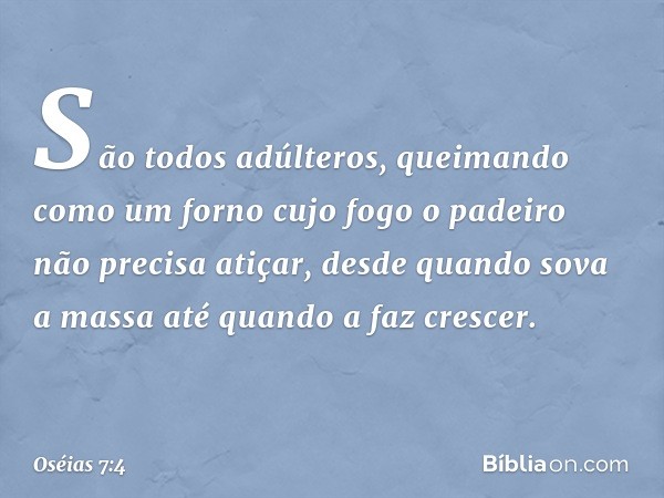 São todos adúlteros,
queimando como um forno
cujo fogo o padeiro não precisa atiçar,
desde quando sova a massa
até quando a faz crescer. -- Oséias 7:4