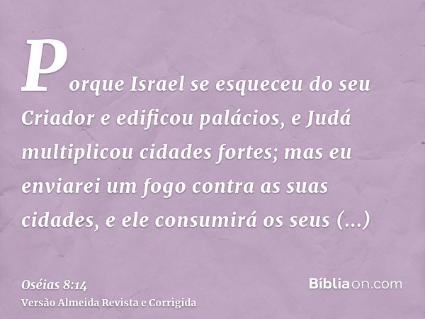 Porque Israel se esqueceu do seu Criador e edificou palácios, e Judá multiplicou cidades fortes; mas eu enviarei um fogo contra as suas cidades, e ele consumirá