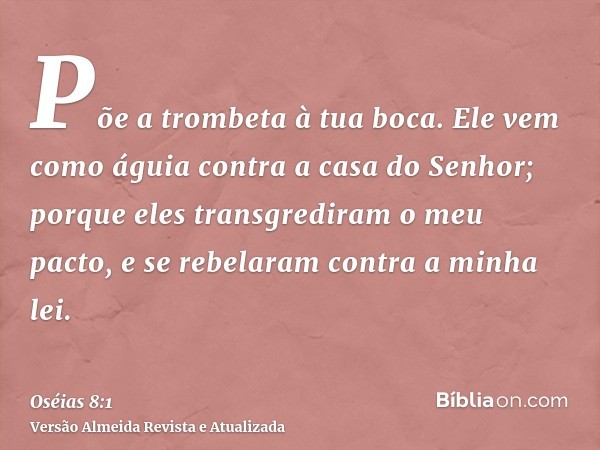 Põe a trombeta à tua boca. Ele vem como águia contra a casa do Senhor; porque eles transgrediram o meu pacto, e se rebelaram contra a minha lei.