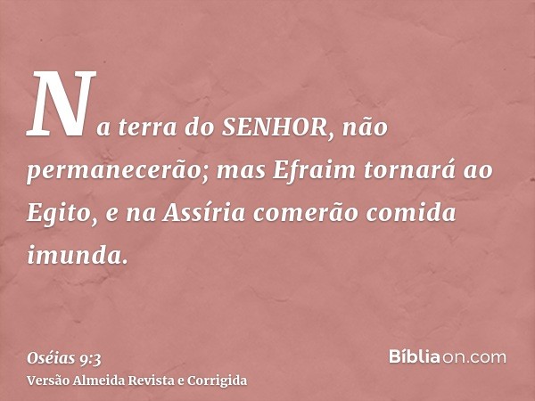 Na terra do SENHOR, não permanecerão; mas Efraim tornará ao Egito, e na Assíria comerão comida imunda.
