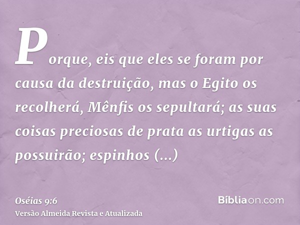 Porque, eis que eles se foram por causa da destruição, mas o Egito os recolherá, Mênfis os sepultará; as suas coisas preciosas de prata as urtigas as possuirão;