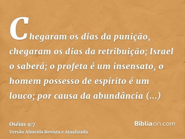 Chegaram os dias da punição, chegaram os dias da retribuição; Israel o saberá; o profeta é um insensato, o homem possesso de espírito é um louco; por causa da a