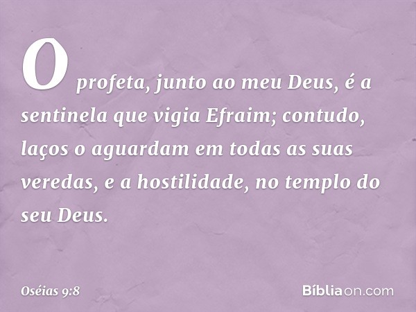 O profeta, junto ao meu Deus,
é a sentinela que vigia Efraim;
contudo, laços o aguardam
em todas as suas veredas,
e a hostilidade, no templo do seu Deus. -- Osé