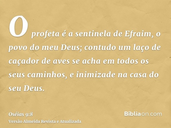 O profeta é a sentinela de Efraim, o povo do meu Deus; contudo um laço de caçador de aves se acha em todos os seus caminhos, e inimizade na casa do seu Deus.