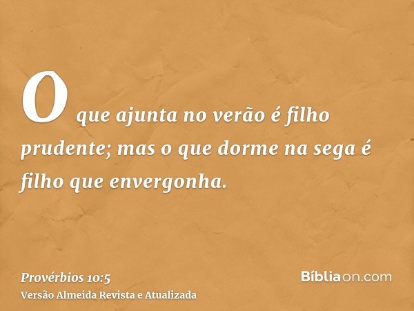 O que ajunta no verão é filho prudente; mas o que dorme na sega é filho que envergonha.