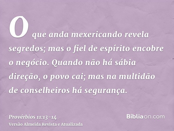 O que anda mexericando revela segredos; mas o fiel de espírito encobre o negócio.Quando não há sábia direção, o povo cai; mas na multidão de conselheiros há seg