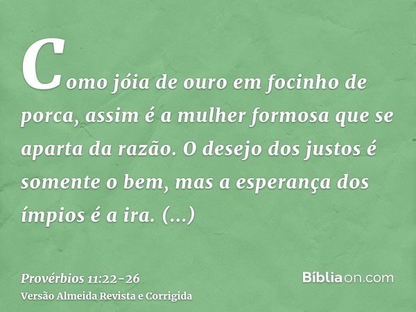 Como jóia de ouro em focinho de porca, assim é a mulher formosa que se aparta da razão.O desejo dos justos é somente o bem, mas a esperança dos ímpios é a ira.A