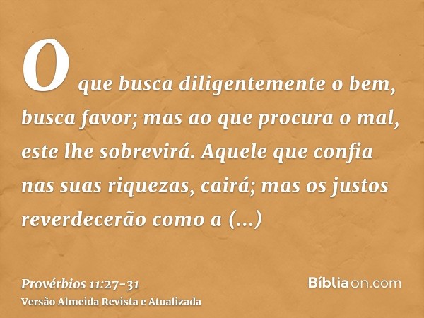 O que busca diligentemente o bem, busca favor; mas ao que procura o mal, este lhe sobrevirá.Aquele que confia nas suas riquezas, cairá; mas os justos reverdecer