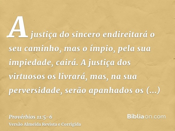 A justiça do sincero endireitará o seu caminho, mas o ímpio, pela sua impiedade, cairá.A justiça dos virtuosos os livrará, mas, na sua perversidade, serão apanh