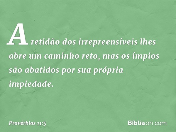 A retidão dos irrepreensíveis
lhes abre um caminho reto,
mas os ímpios são abatidos
por sua própria impiedade. -- Provérbios 11:5