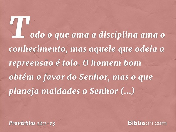 Todo o que ama a disciplina
ama o conhecimento,
mas aquele que odeia a repreensão é tolo. O homem bom
obtém o favor do Senhor,
mas o que planeja maldades
o Senh