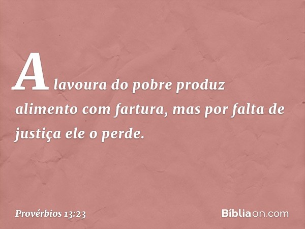 A lavoura do pobre
produz alimento com fartura,
mas por falta de justiça ele o perde. -- Provérbios 13:23