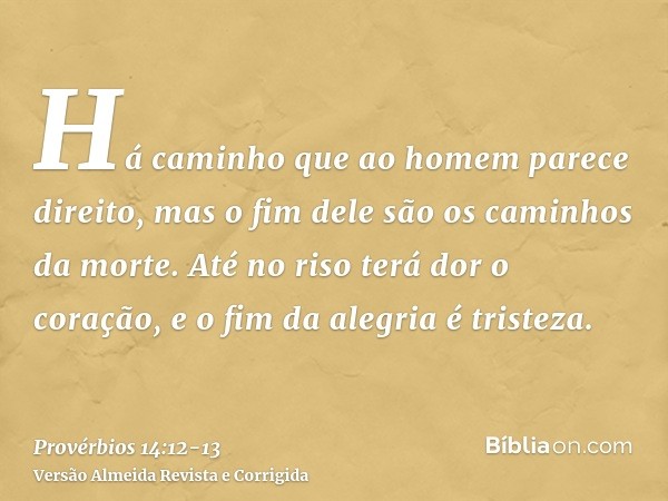 Há caminho que ao homem parece direito, mas o fim dele são os caminhos da morte.Até no riso terá dor o coração, e o fim da alegria é tristeza.