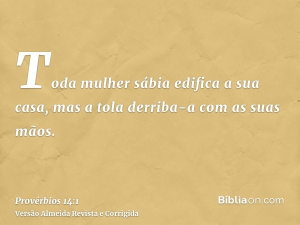 Toda mulher sábia edifica a sua casa, mas a tola derriba-a com as suas mãos.