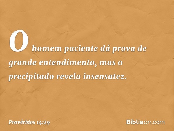 O homem paciente
dá prova de grande entendimento,
mas o precipitado revela insensatez. -- Provérbios 14:29