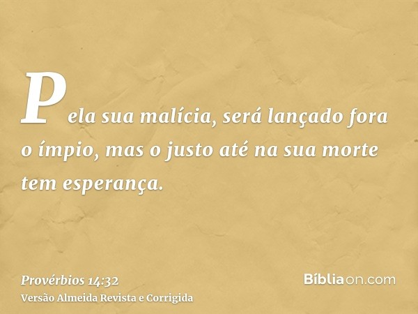 Pela sua malícia, será lançado fora o ímpio, mas o justo até na sua morte tem esperança.