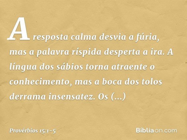 A resposta calma desvia a fúria,
mas a palavra ríspida desperta a ira. A língua dos sábios
torna atraente o conhecimento,
mas a boca dos tolos derrama insensate