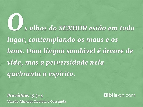 Os olhos do SENHOR estão em todo lugar, contemplando os maus e os bons.Uma língua saudável é árvore de vida, mas a perversidade nela quebranta o espírito.