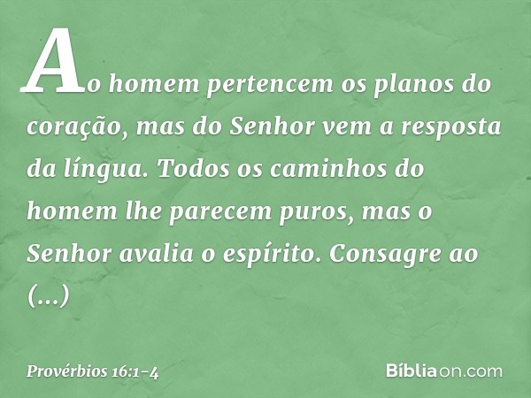 Ao homem pertencem
os planos do coração,
mas do Senhor vem a resposta da língua. Todos os caminhos do homem
lhe parecem puros,
mas o Senhor avalia o espírito. C