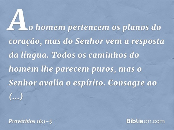 Ao homem pertencem
os planos do coração,
mas do Senhor vem a resposta da língua. Todos os caminhos do homem
lhe parecem puros,
mas o Senhor avalia o espírito. C