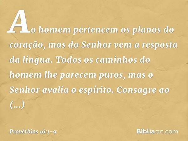 Ao homem pertencem
os planos do coração,
mas do Senhor vem a resposta da língua. Todos os caminhos do homem
lhe parecem puros,
mas o Senhor avalia o espírito. C