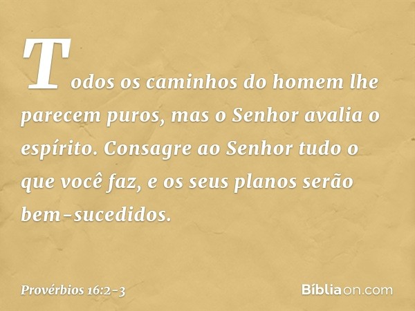 Todos os caminhos do homem
lhe parecem puros,
mas o Senhor avalia o espírito. Consagre ao Senhor
tudo o que você faz,
e os seus planos serão bem-sucedidos. -- P