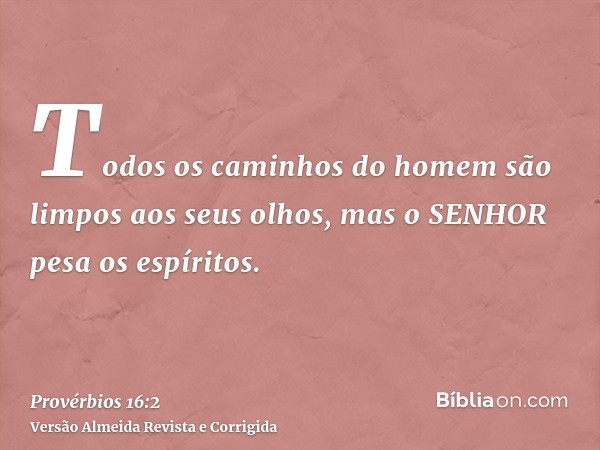 Todos os caminhos do homem são limpos aos seus olhos, mas o SENHOR pesa os espíritos.