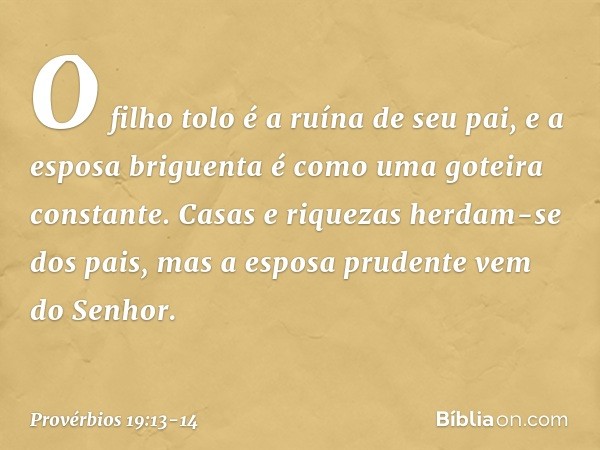 O filho tolo é a ruína de seu pai,
e a esposa briguenta
é como uma goteira constante. Casas e riquezas herdam-se dos pais,
mas a esposa prudente vem do Senhor. 