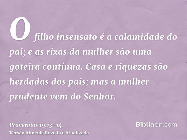 O filho insensato é a calamidade do pai; e as rixas da mulher são uma goteira contínua.Casa e riquezas são herdadas dos pais; mas a mulher prudente vem do Senho