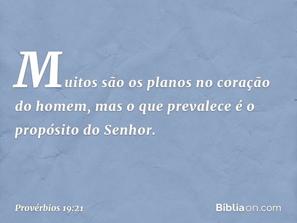 Muitos são os planos
no coração do homem,
mas o que prevalece
é o propósito do Senhor. -- Provérbios 19:21