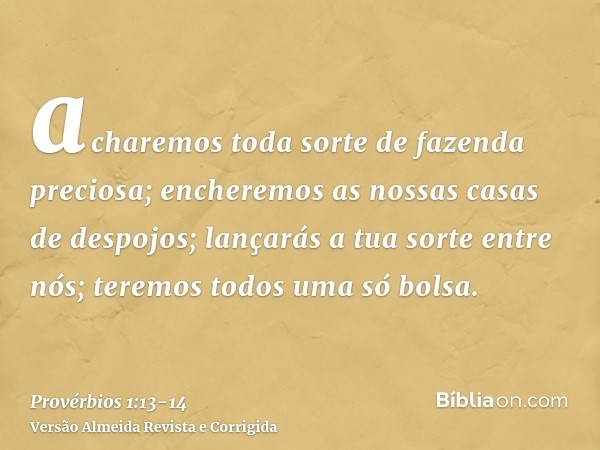 acharemos toda sorte de fazenda preciosa; encheremos as nossas casas de despojos;lançarás a tua sorte entre nós; teremos todos uma só bolsa.