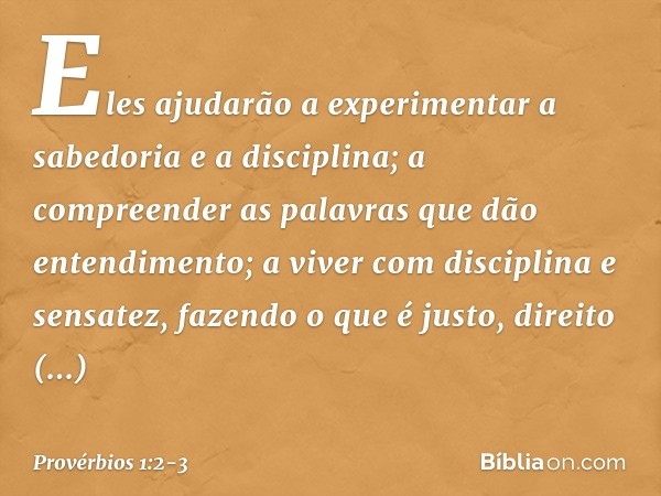 Eles ajudarão a experimentar
a sabedoria e a disciplina;
a compreender as palavras
que dão entendimento; a viver com disciplina e sensatez,
fazendo o que é just