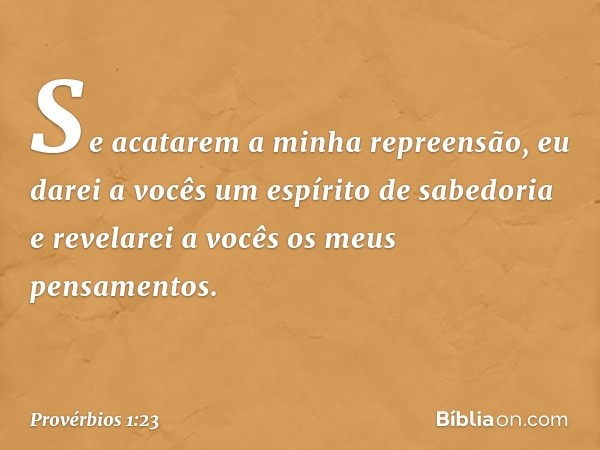 Se acatarem a minha repreensão,
eu darei a vocês um espírito de sabedoria
e revelarei a vocês os meus pensamentos. -- Provérbios 1:23