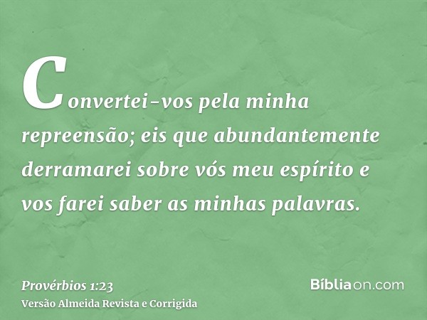 Convertei-vos pela minha repreensão; eis que abundantemente derramarei sobre vós meu espírito e vos farei saber as minhas palavras.