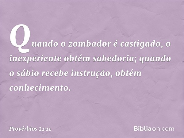 Quando o zombador é castigado,
o inexperiente obtém sabedoria;
quando o sábio recebe instrução,
obtém conhecimento. -- Provérbios 21:11