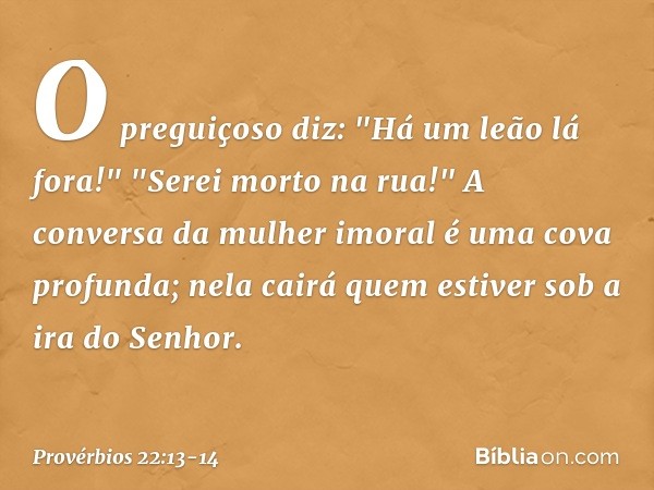 O preguiçoso diz:
"Há um leão lá fora!"
"Serei morto na rua!" A conversa da mulher imoral
é uma cova profunda;
nela cairá quem estiver
sob a ira do Senhor. -- P