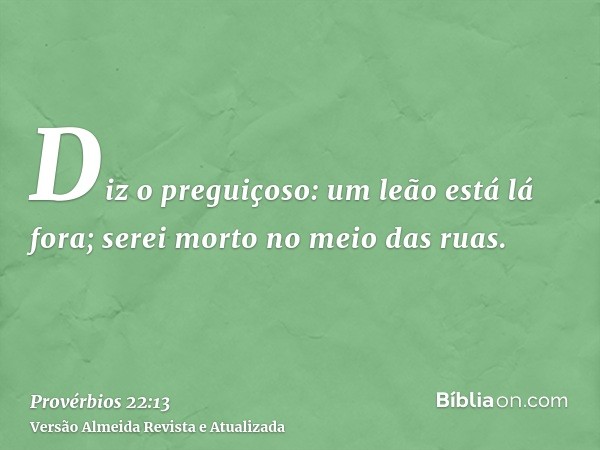 Diz o preguiçoso: um leão está lá fora; serei morto no meio das ruas.