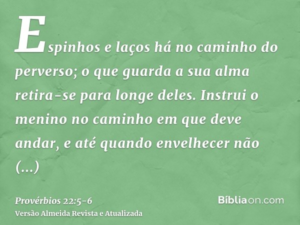 Espinhos e laços há no caminho do perverso; o que guarda a sua alma retira-se para longe deles.Instrui o menino no caminho em que deve andar, e até quando envel