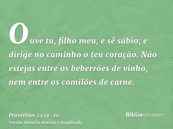 Ouve tu, filho meu, e sê sábio; e dirige no caminho o teu coração.Não estejas entre os beberrões de vinho, nem entre os comilões de carne.