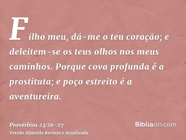 Filho meu, dá-me o teu coração; e deleitem-se os teus olhos nos meus caminhos.Porque cova profunda é a prostituta; e poço estreito é a aventureira.