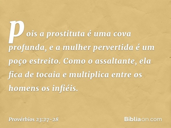 pois a prostituta é uma cova profunda,
e a mulher pervertida é um poço estreito. Como o assaltante, ela fica de tocaia
e multiplica entre os homens os infiéis. 