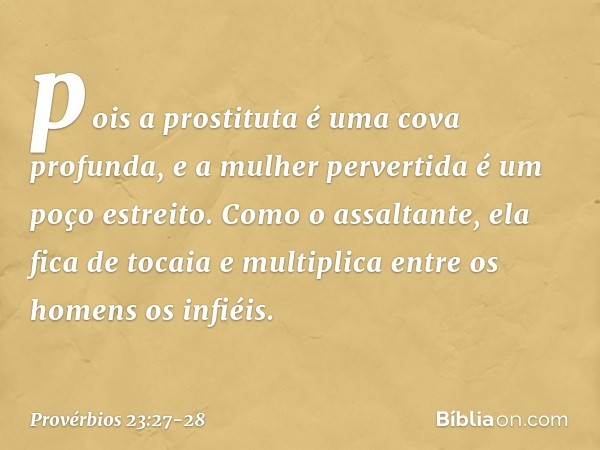 pois a prostituta é uma cova profunda,
e a mulher pervertida é um poço estreito. Como o assaltante, ela fica de tocaia
e multiplica entre os homens os infiéis.