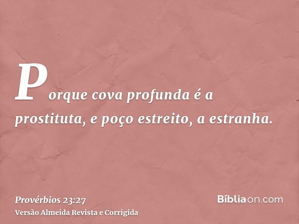 Porque cova profunda é a prostituta, e poço estreito, a estranha.