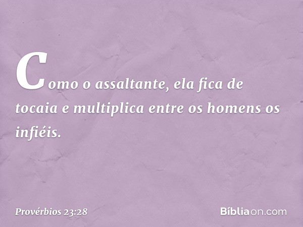 Como o assaltante, ela fica de tocaia
e multiplica entre os homens os infiéis. -- Provérbios 23:28