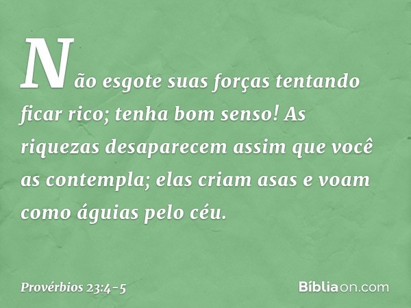 Não esgote suas forças
tentando ficar rico;
tenha bom senso! As riquezas desaparecem
assim que você as contempla;
elas criam asas
e voam como águias pelo céu. -