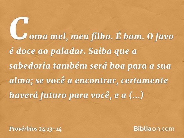 Coma mel, meu filho. É bom.
O favo é doce ao paladar. Saiba que a sabedoria também será boa
para a sua alma;
se você a encontrar, certamente haverá
futuro para 