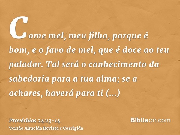 Come mel, meu filho, porque é bom, e o favo de mel, que é doce ao teu paladar.Tal será o conhecimento da sabedoria para a tua alma; se a achares, haverá para ti