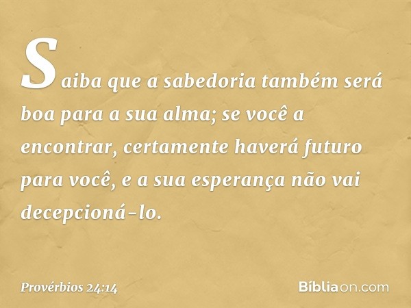 Saiba que a sabedoria também será boa
para a sua alma;
se você a encontrar, certamente haverá
futuro para você,
e a sua esperança não vai decepcioná-lo. -- Prov