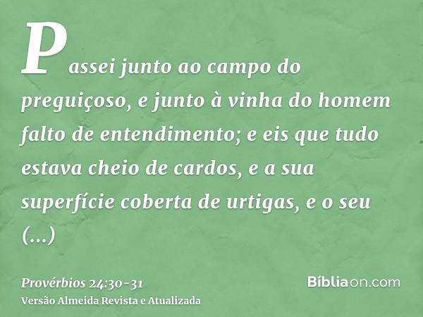 Passei junto ao campo do preguiçoso, e junto à vinha do homem falto de entendimento;e eis que tudo estava cheio de cardos, e a sua superfície coberta de urtigas